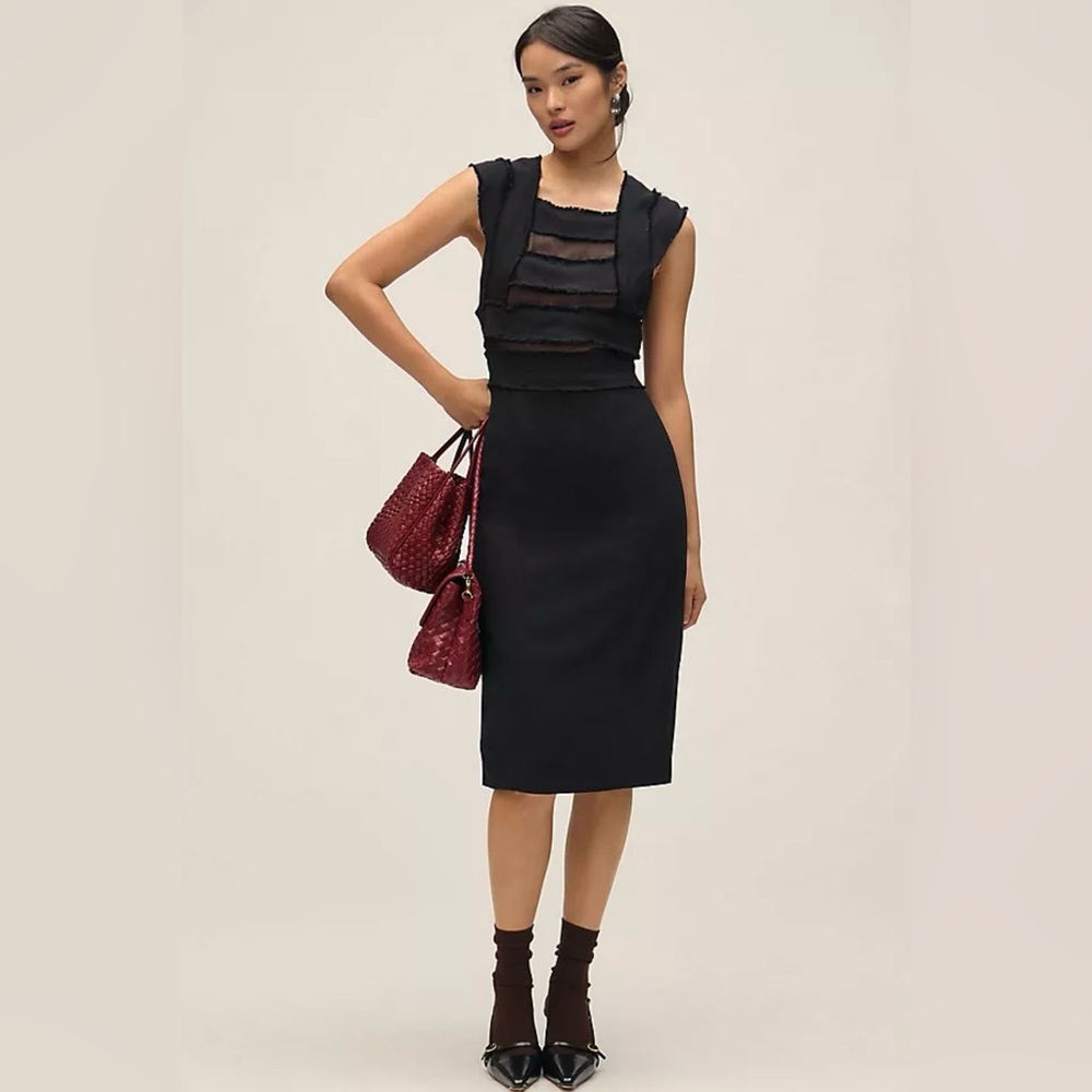 Anthropologie Black Mesh Panel Cap Sleeve Slim Midi Dress NWT Size 4